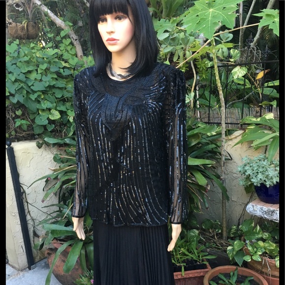 VINTAGE JALM BLACK SEQUIN BLOUSE -LARGE - Picture 6 of 6